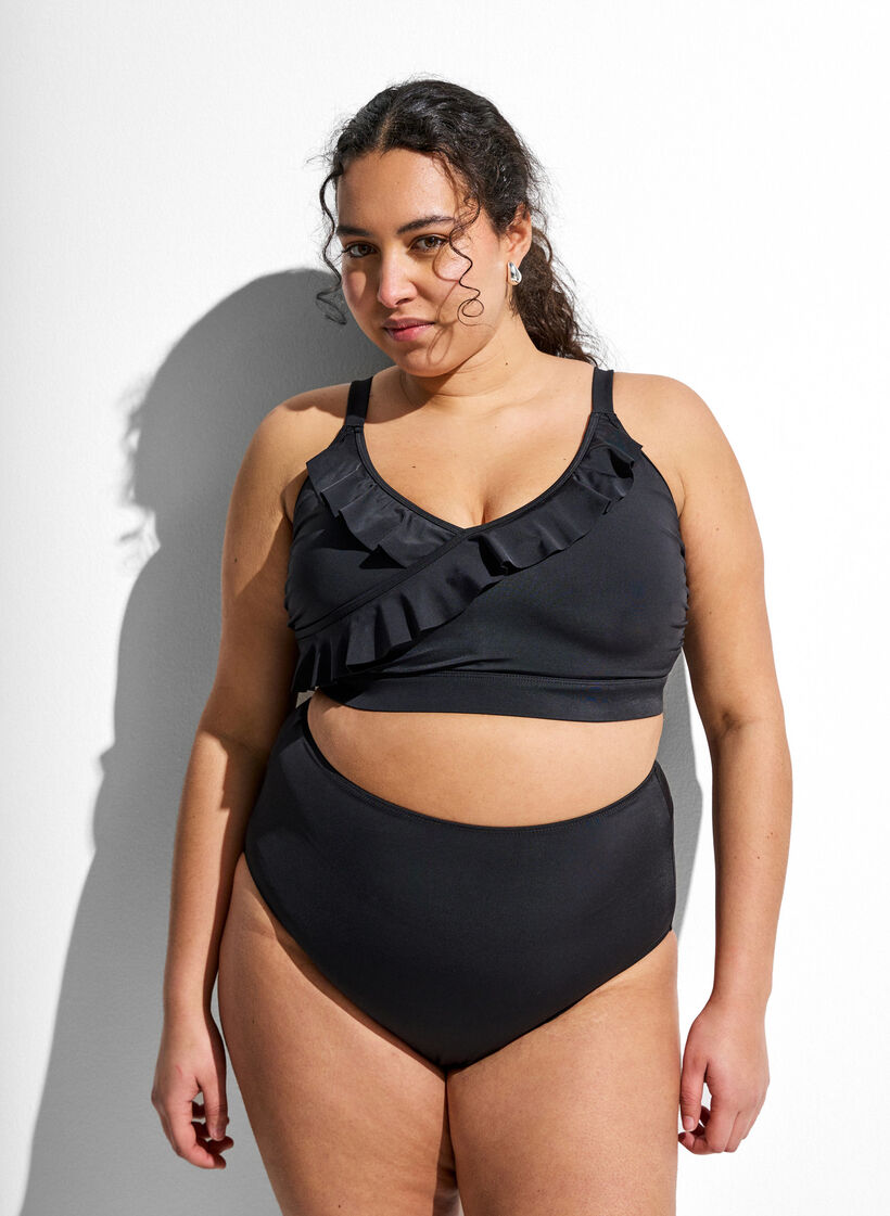 Einfarbige hoch taillierte Bikinihose, Schwarz, Model image number 0