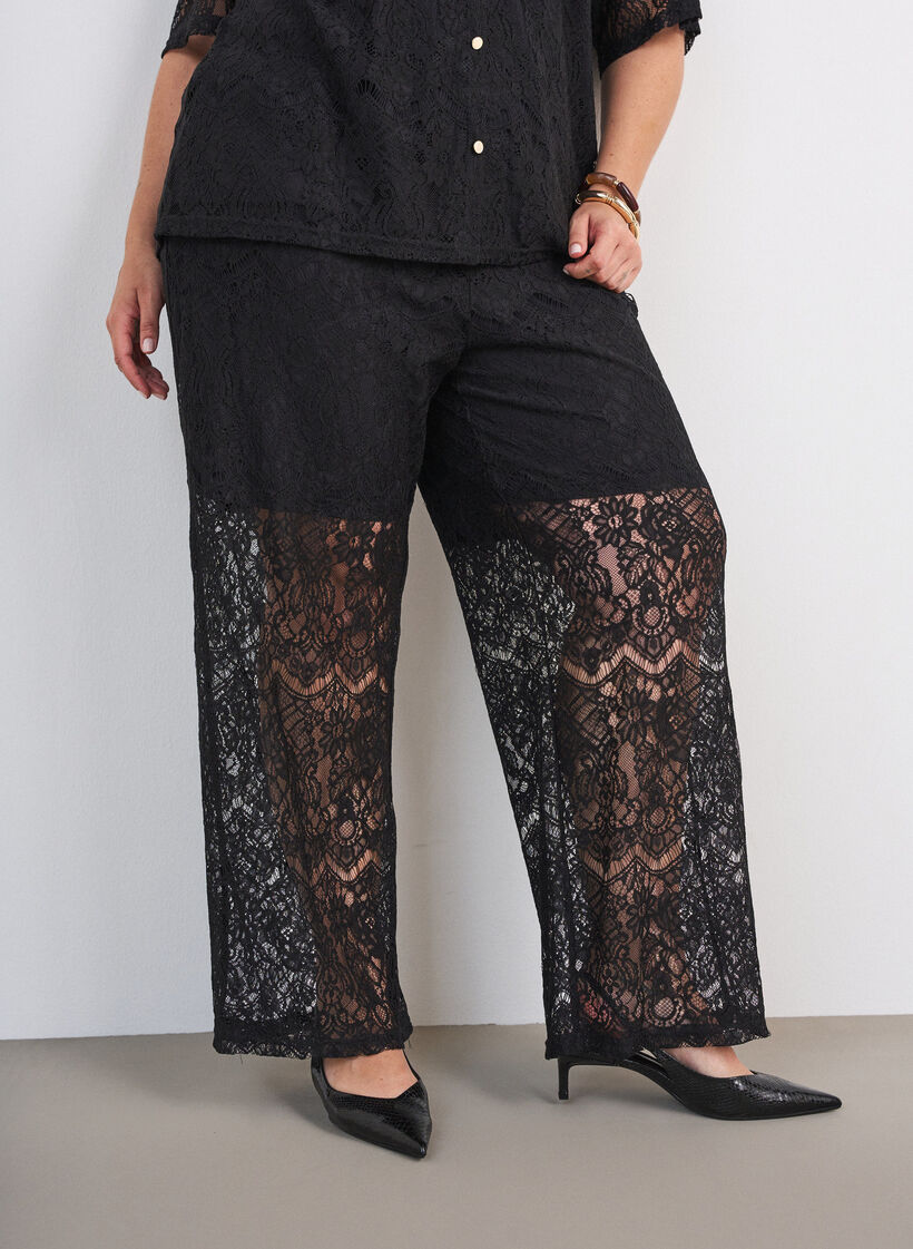 Spitzenhose mit geradem Bein und Innenhose, Schwarz, Model image number 2