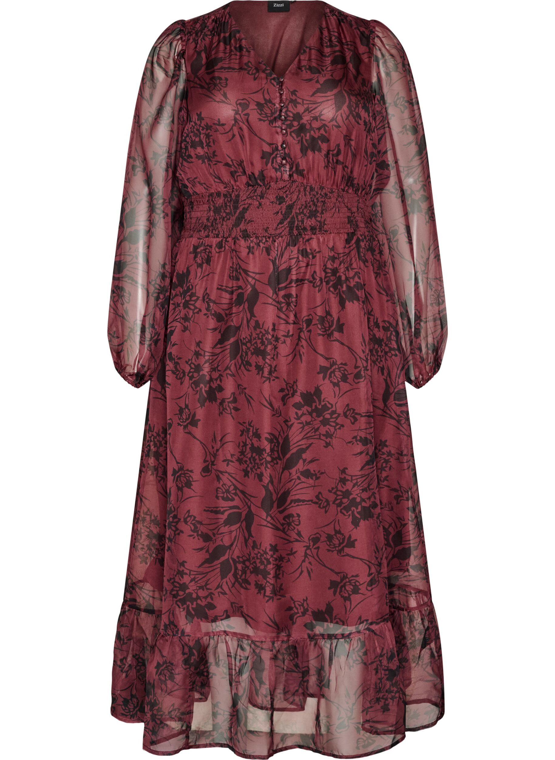 ZizziMaxikleid mit floralem Print und Smock, Dunkles Bordeaux, Packshot image number 0
