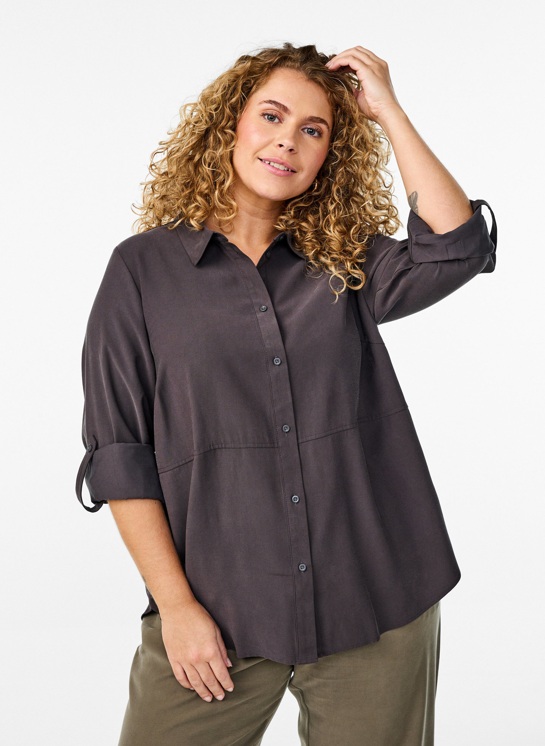 FLASH - Bluse mit Kragen und &Auml;rmeln zum Hochkrempeln, Grau, Model