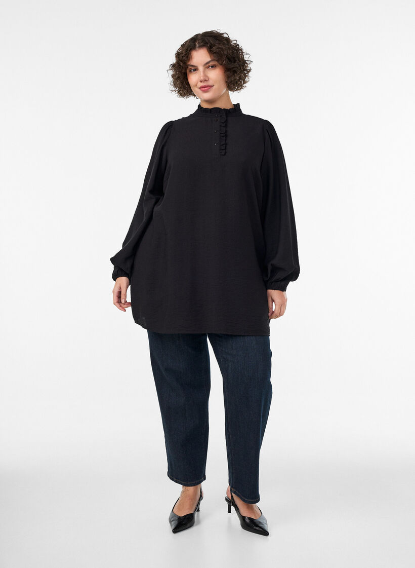 Tunika aus Viskose mit R&uuml;schen und Kn&ouml;pfen, Schwarz, Model image number 1