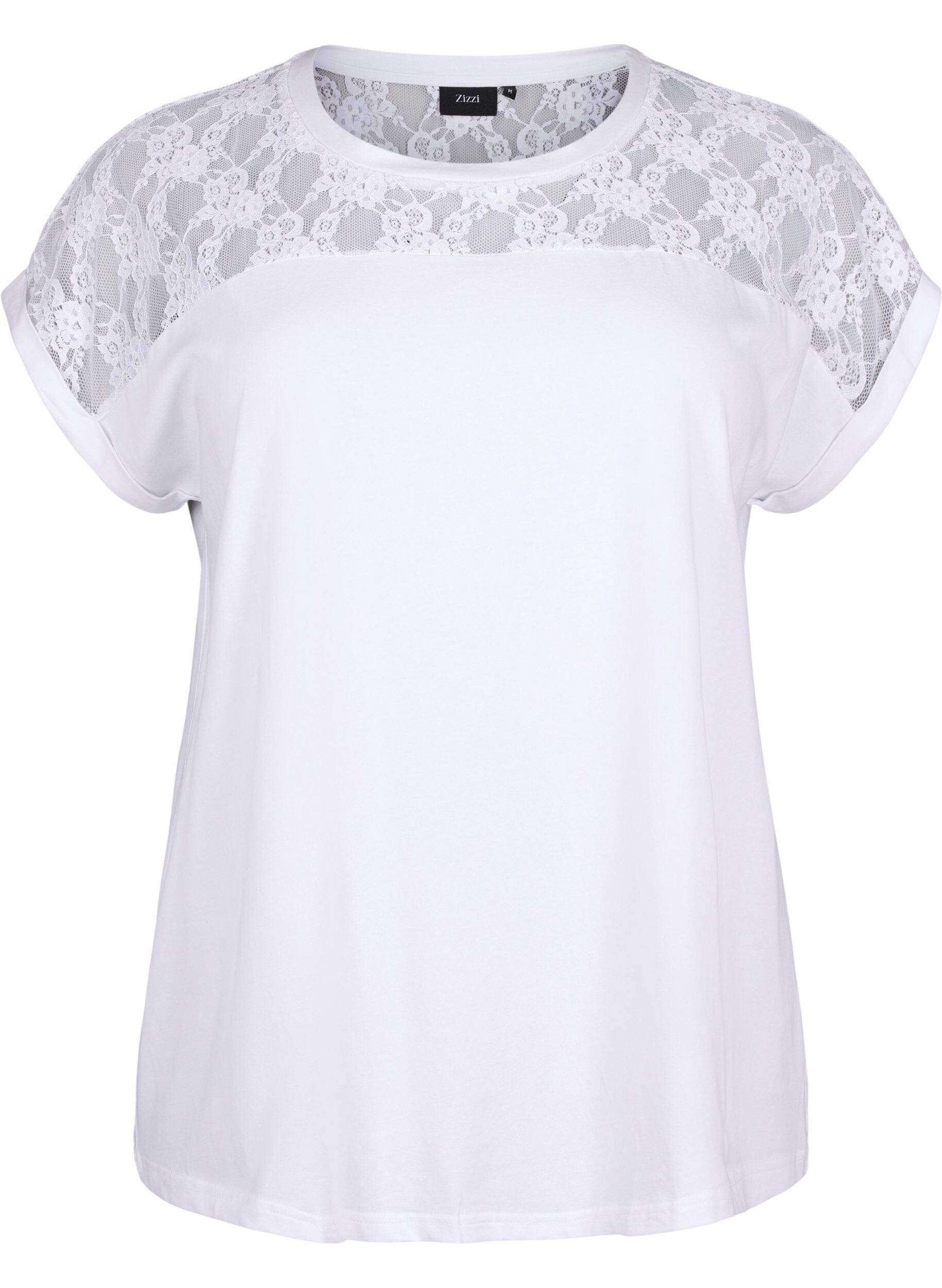 Zizzi Kurz&auml;rmliges Baumwoll-T-Shirt mit Spitze, Bright White, Packshot image number 0