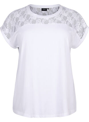 Kurzärmliges Baumwoll-T-Shirt mit Spitze, Bright White, Packshot image number 0