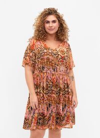 Kurzes Kleid mit V-Ausschnitt und Druck, Colorful Ethnic, Model