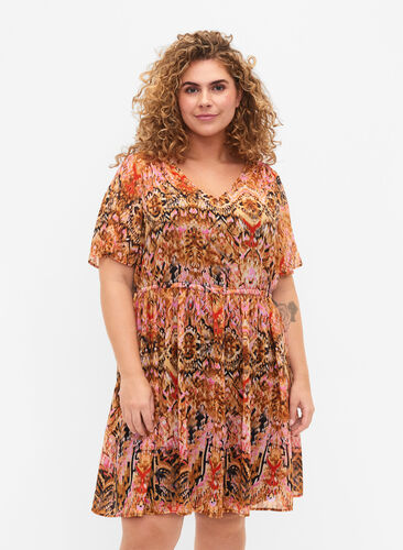 Kurzes Kleid mit V-Ausschnitt und Druck, Colorful Ethnic, Model image number 0