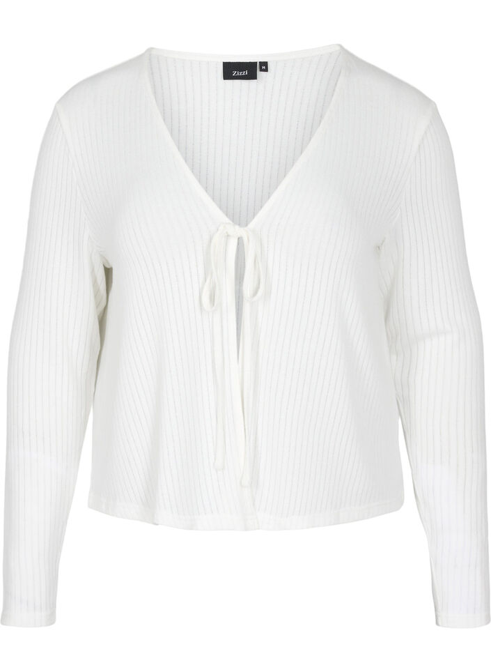 Cardigan mit Rippmuster und Bindeschnüren, White, Packshot image number 0