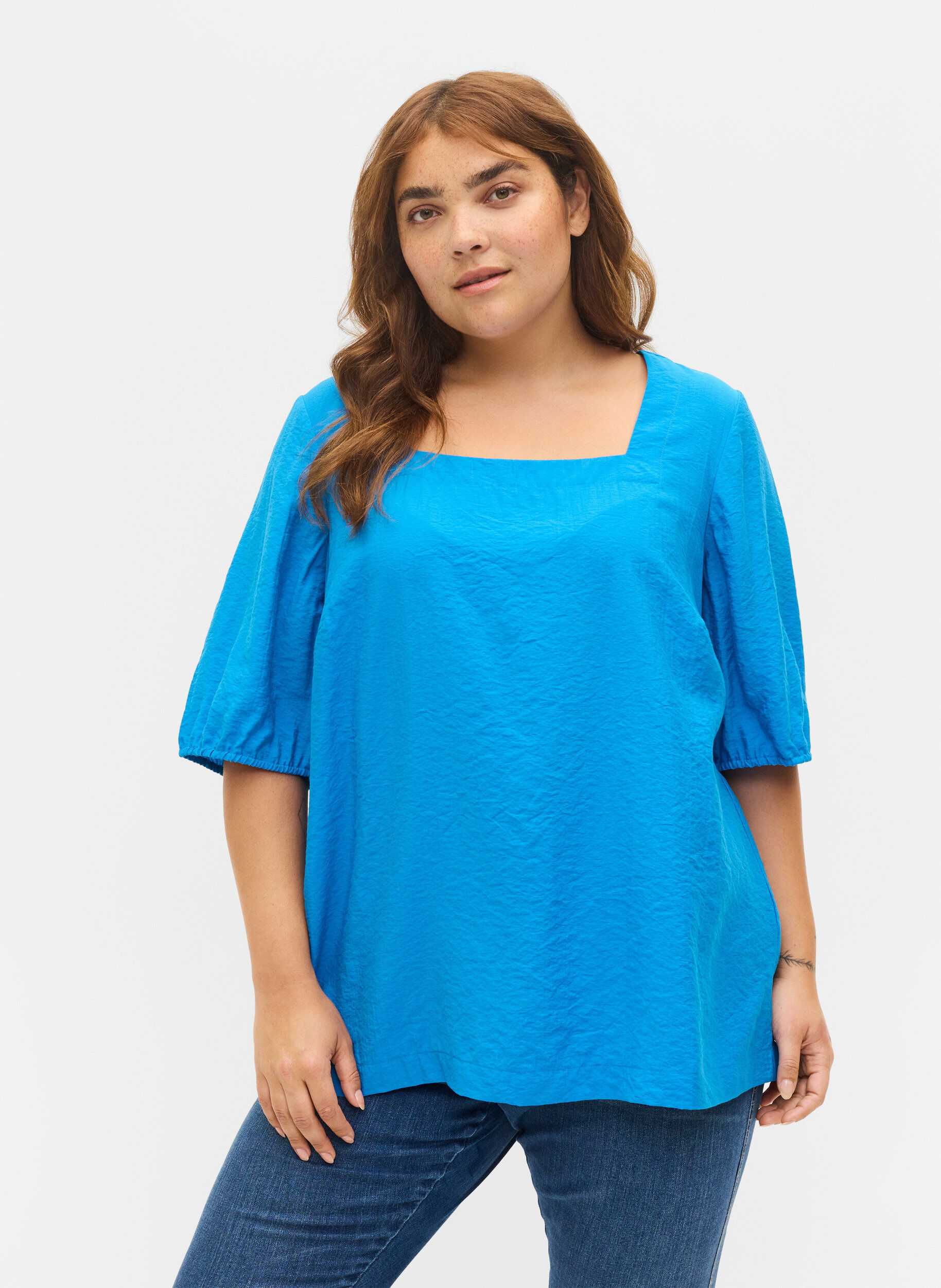 Zizzi Bluse mit Ballon&auml;rmeln, Indigo Bunting, Model image number 0