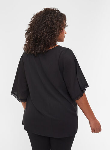 Bluse mit breiten 2/4-Ärmeln und Spitzendetails, Black, Model image number 1
