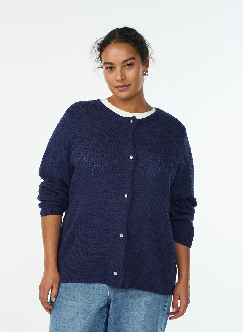 Strickjacke aus Strukturstrick mit kugelf&ouml;rmigen Kn&ouml;pfen, Blau, Model image number 0