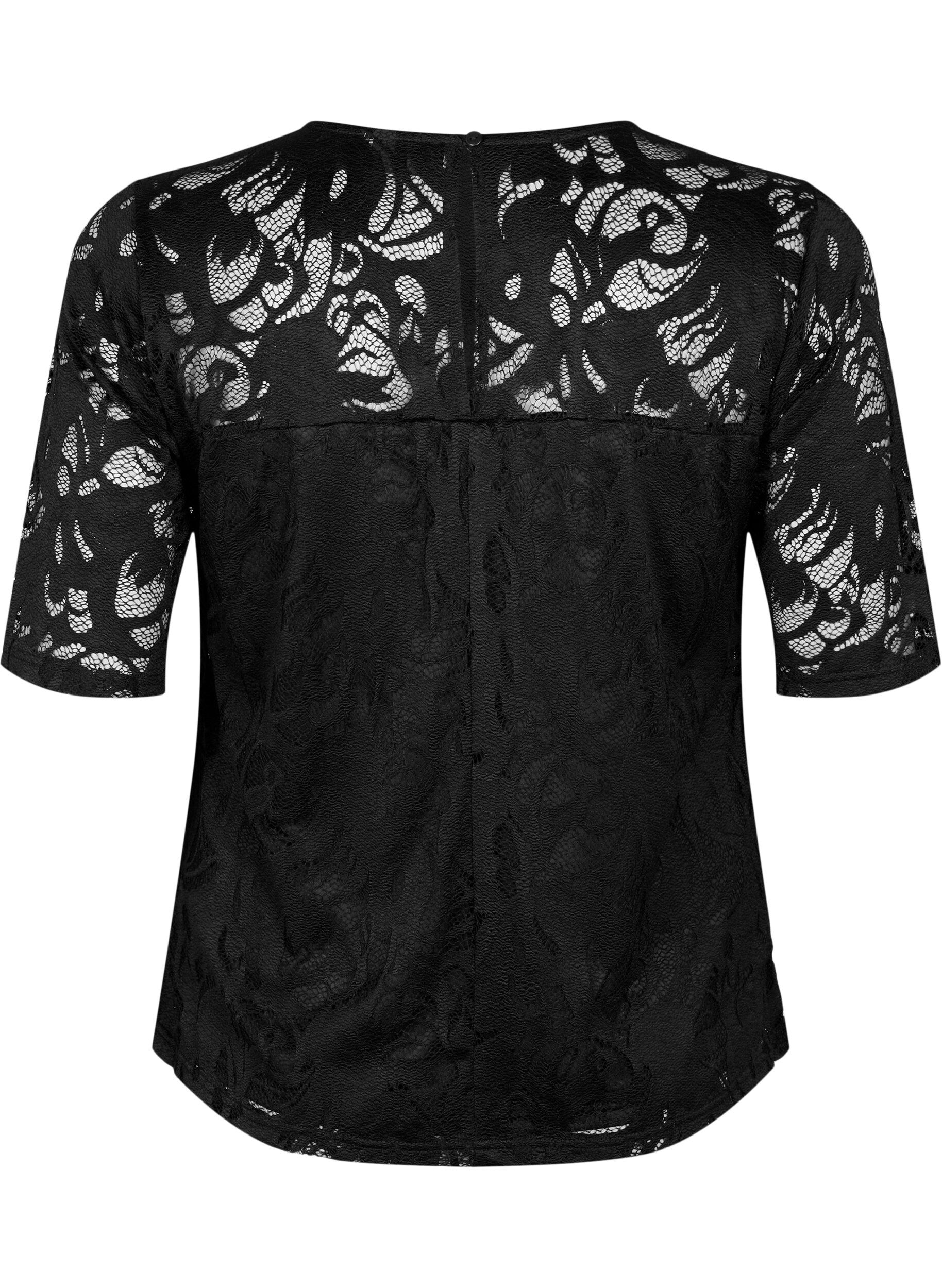 Zizzi Bluse mit Spitze und kurzen &Auml;rmeln, Black, Packshot image number 1