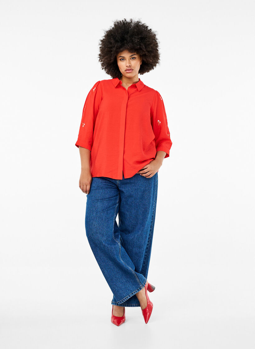 Bluse mit 3/4 Ärmeln und geblümter Stickerei, Flame Scarlet, Model image number 2