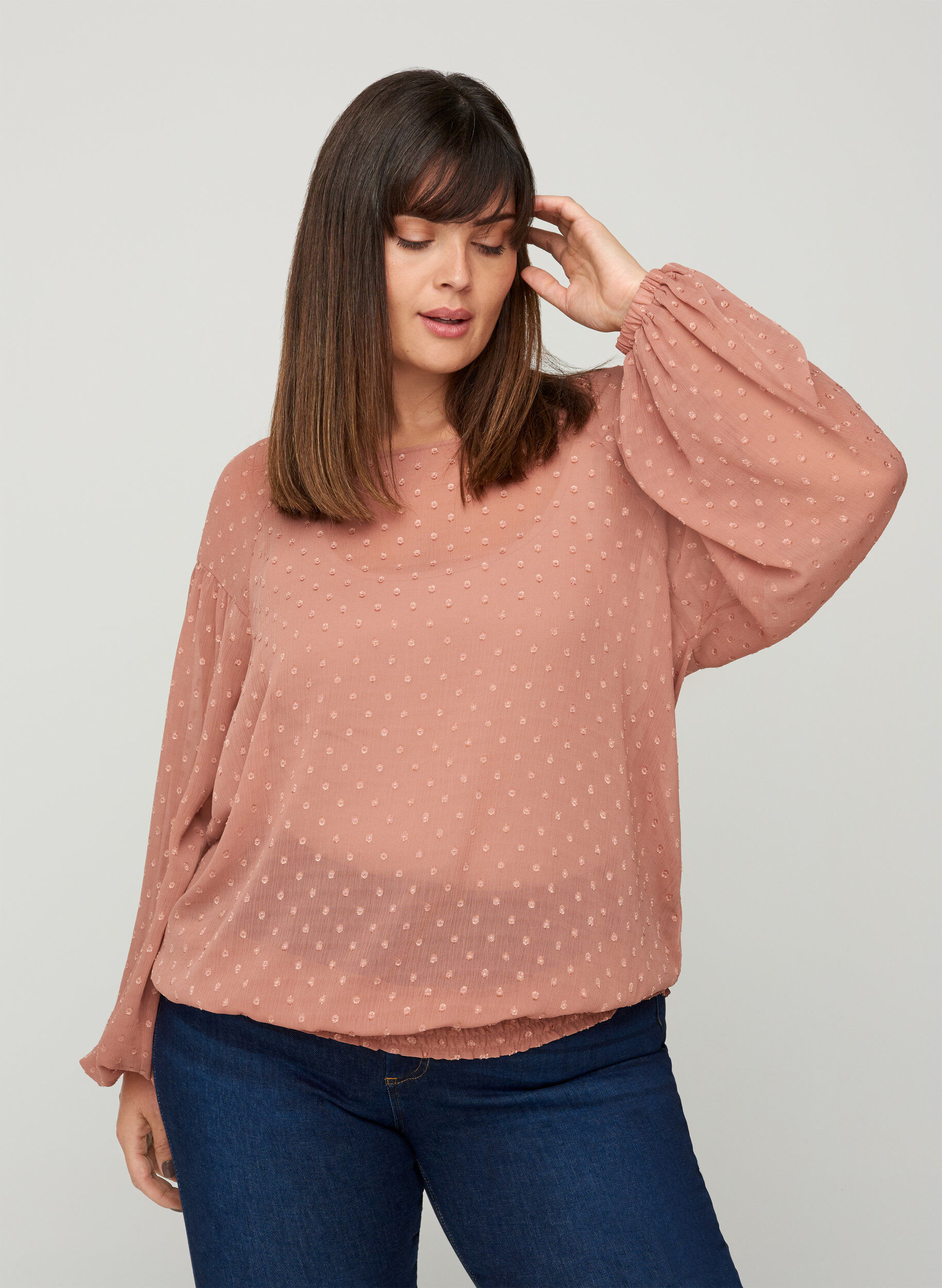 Zizzi Gesmockte Langarm Bluse mit Mesh, Burlwood, Model image number 0