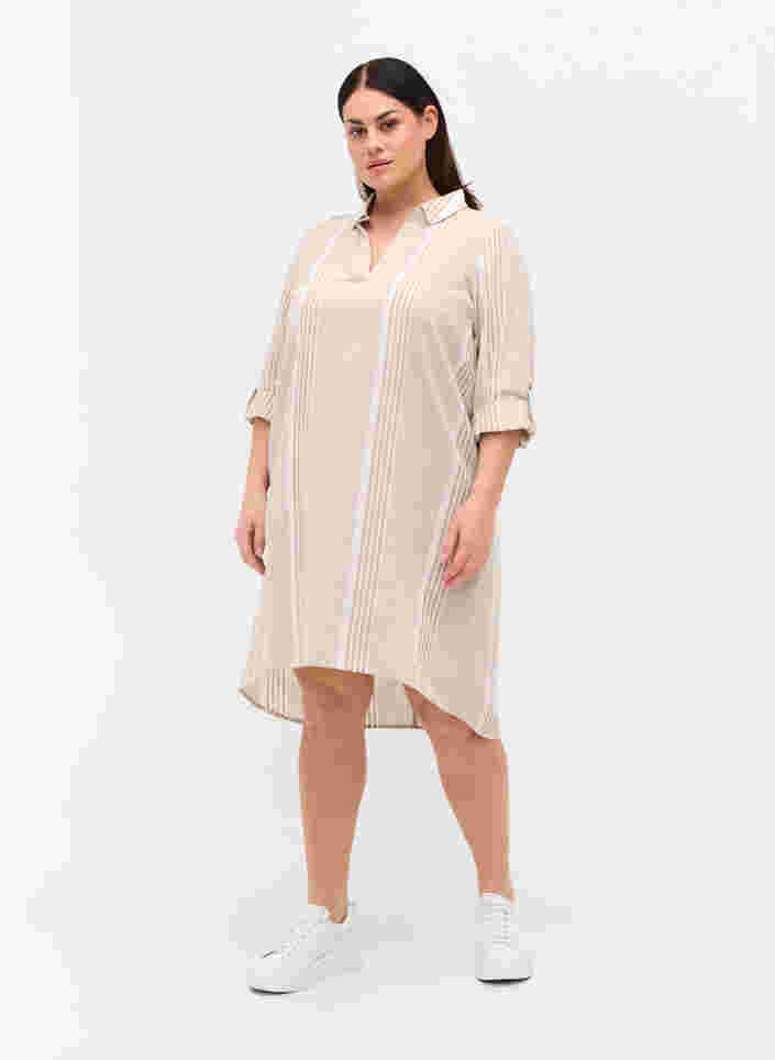 Kleid mit V-Ausschnitt und Kragen, White Taupe Stripe, Model image number 2