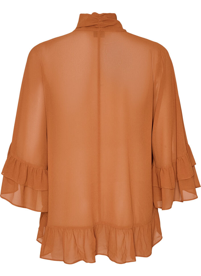Bluse mit Bindeband und R&uuml;schendetails, Braun, Packshot image number 1