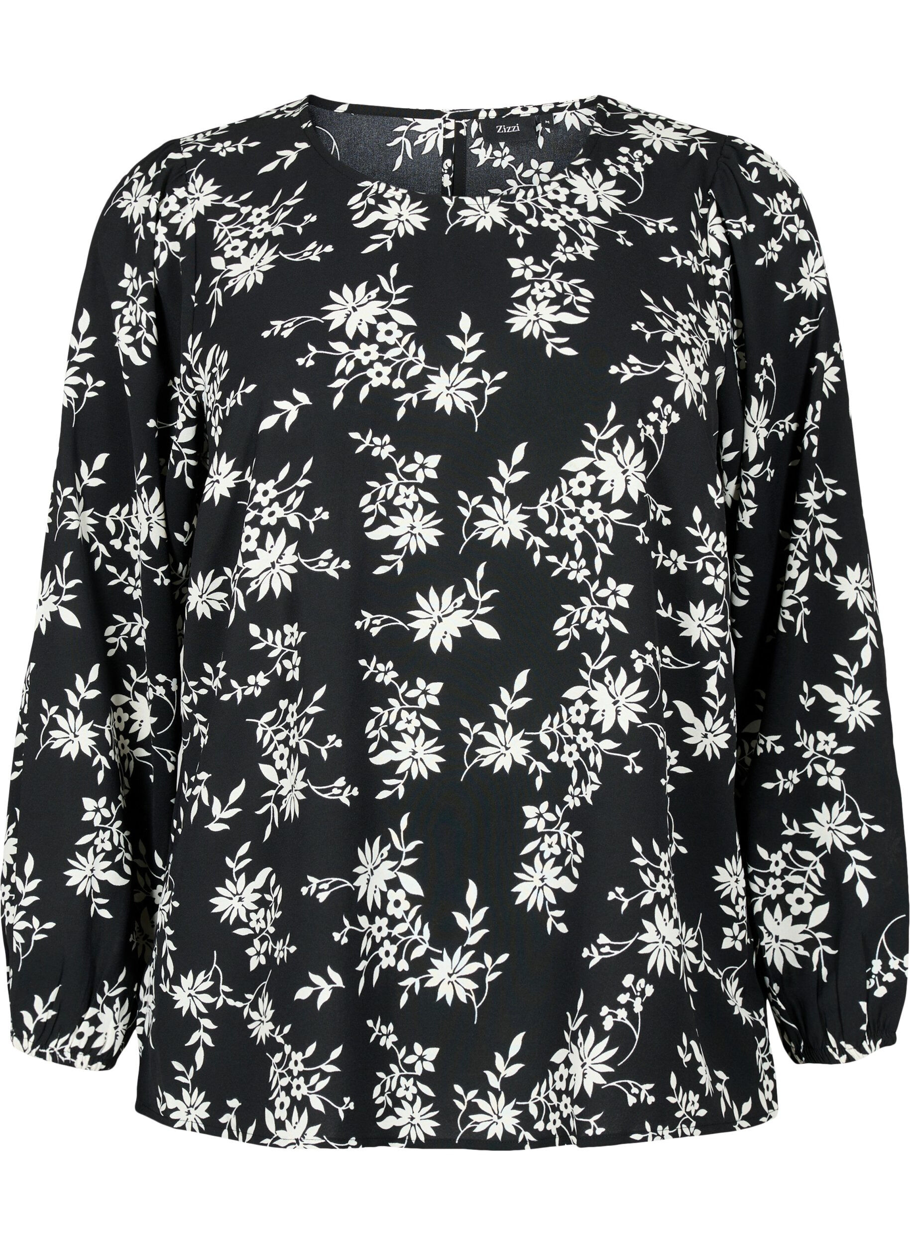 Zizzi Bluse mit Puff&auml;rmeln, Black Flower AOP, Packshot image number 0