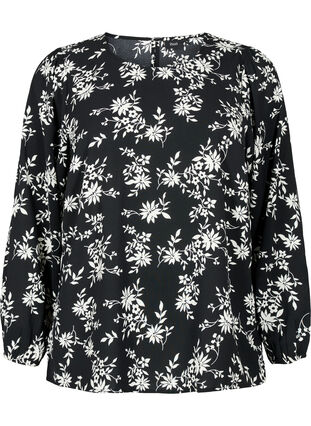 Bluse mit Puffärmeln, Black Flower AOP, Packshot image number 0