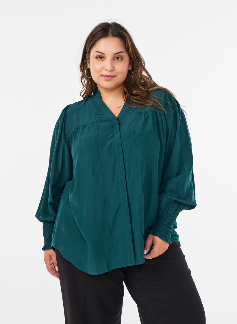 Bluse mit R&uuml;schenkragen und Raffung, Gr&uuml;n, Model image number 0