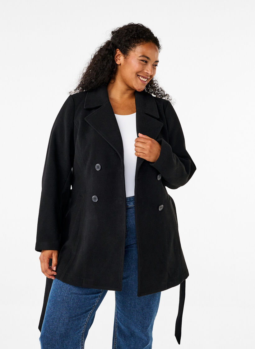 Kurze Wolljacke mit Gürtel, Black, Model image number 0