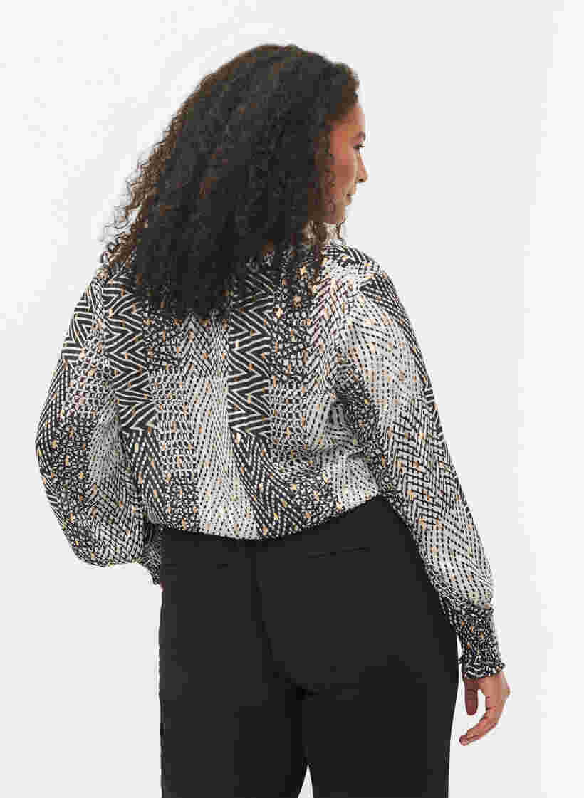 Bedruckte Bluse mit Smock und V-Ausschnitt, Black Graphic Stripe, Model image number 1