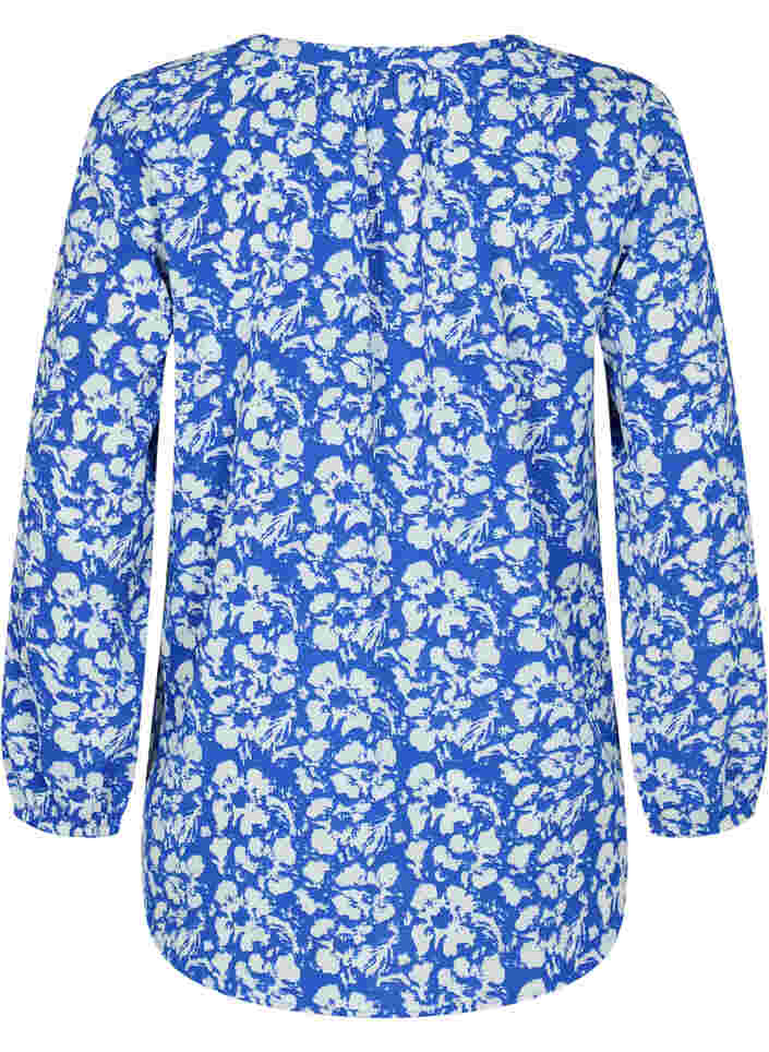 Langarm Bluse mit Blumen-Print und V-Ausschnitt, Blue White Flower, Packshot image number 1