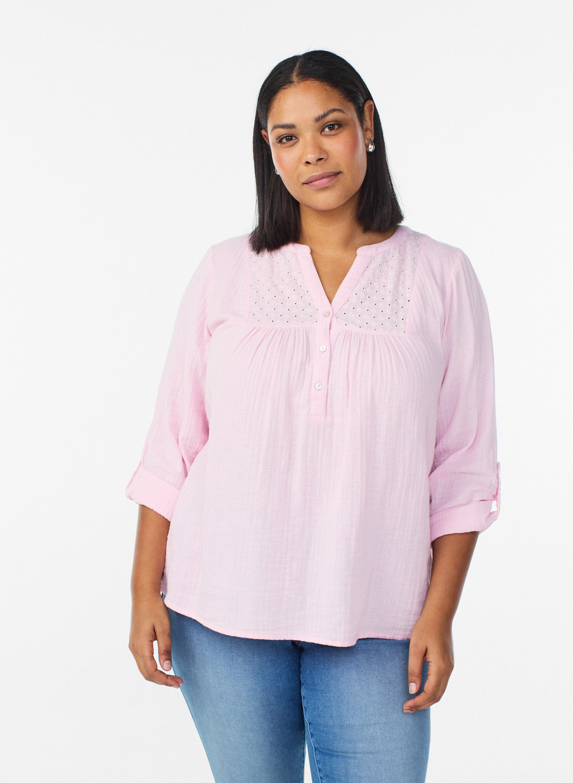 Zizzi Bluse aus Baumwollmusselin mit Lochstickerei, Rot, Model image number 0