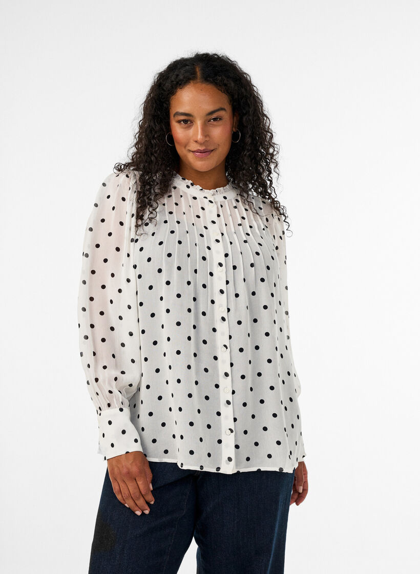 Bluse aus Viskose mit R&uuml;schenkragen, Wei&szlig;, Model image number 0