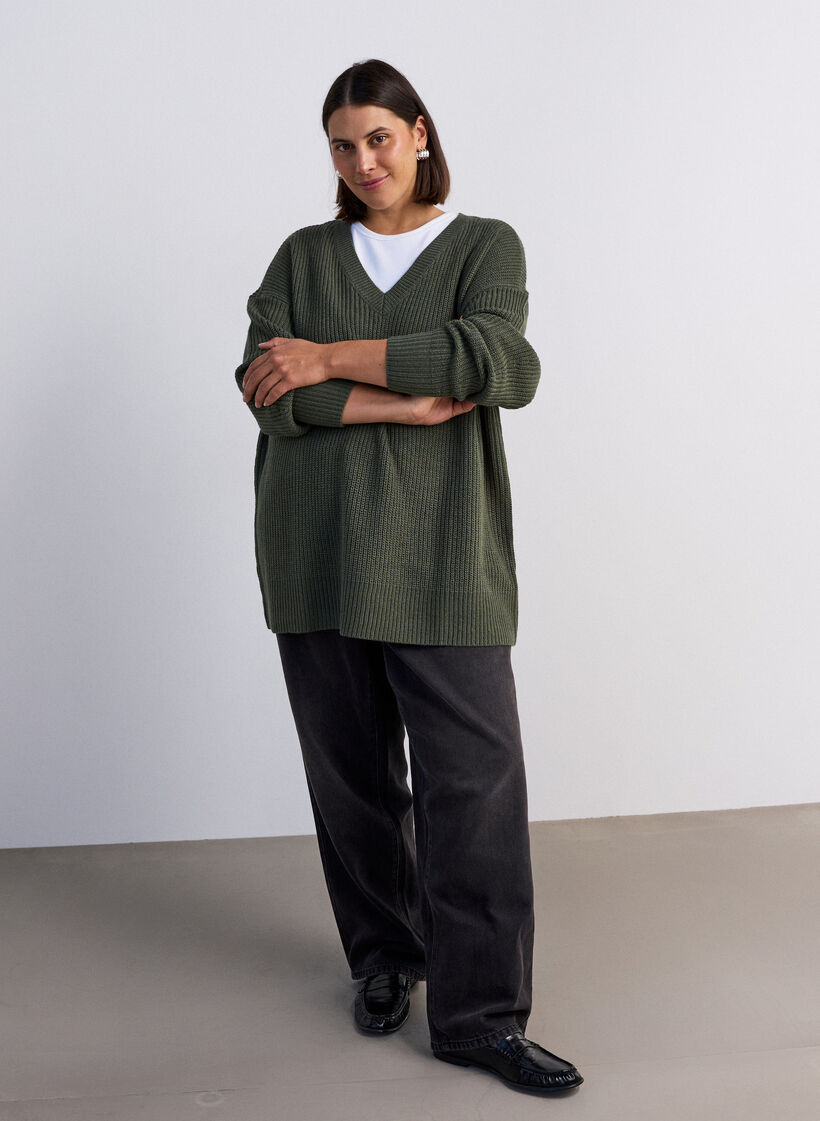 Lange Rippstrickbluse mit V-Ausschnitt, Gr&uuml;n, Model image number 1