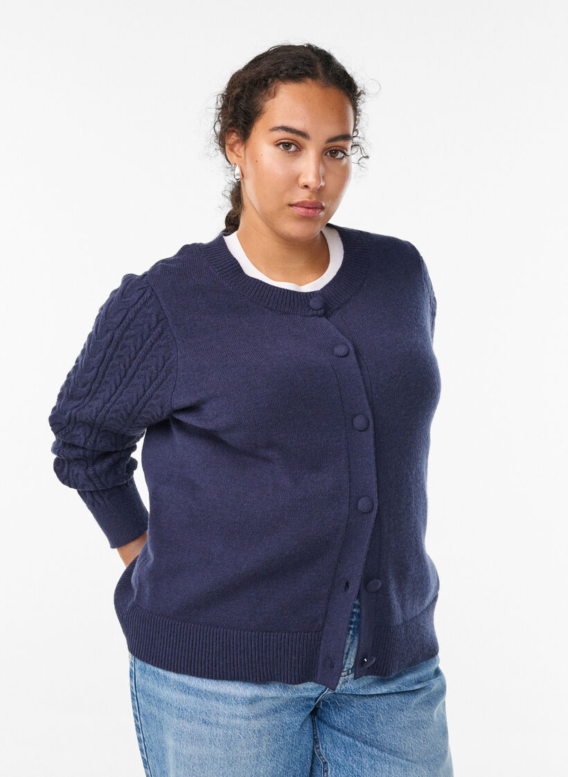 Cardigan mit Zopfmuster-Ärmeln, Blau, Model image number 0