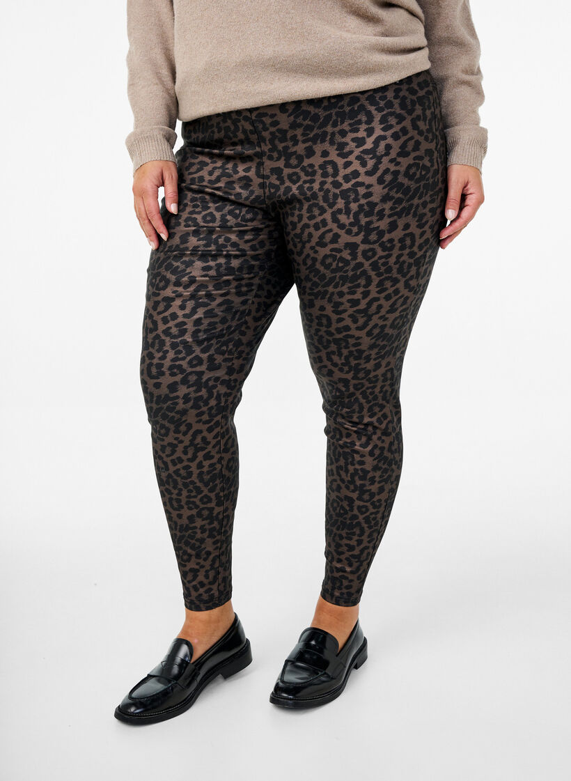 Beschichtete Leggings mit Leopardenmuster und verkürzter Länge, Braun, Model image number 0