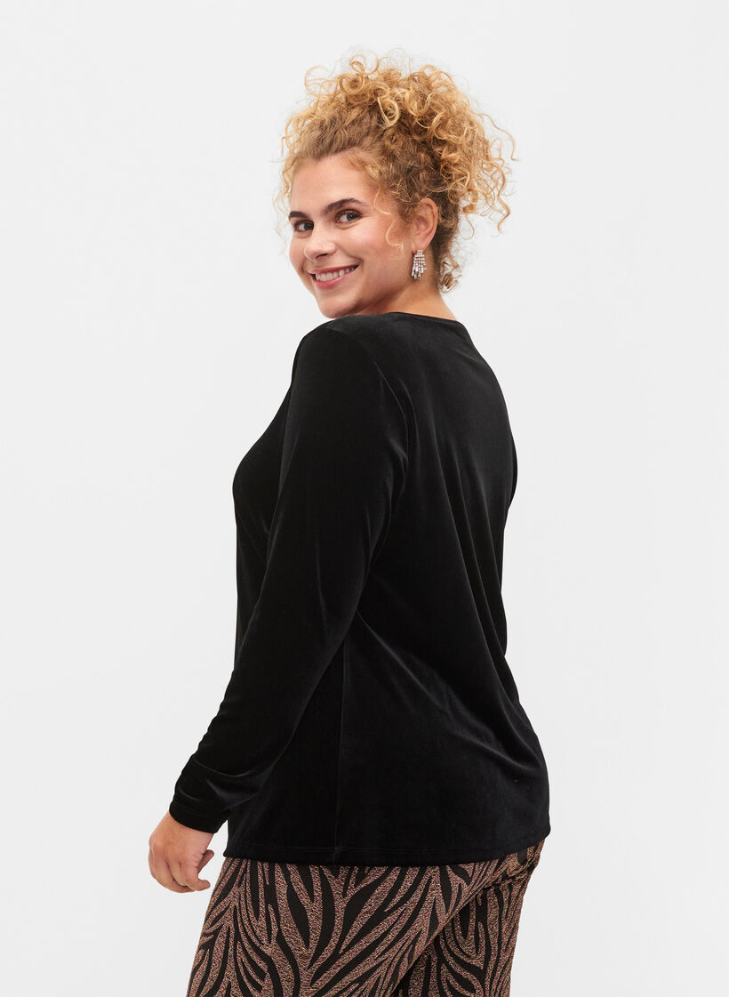 Veloursbluse mit langen Ärmeln, Black, Model image number 1