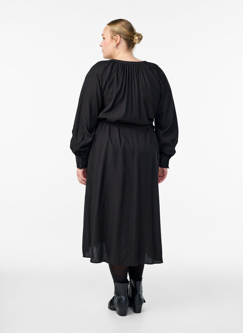Midikleid mit Knopfleiste und Bindegürtel, Schwarz, Model image number 1