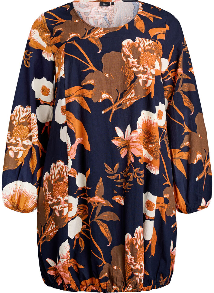 Kurzes Baumwollkleid mit Gummisaum und langen Ärmeln, Schwarz, Packshot image number 0