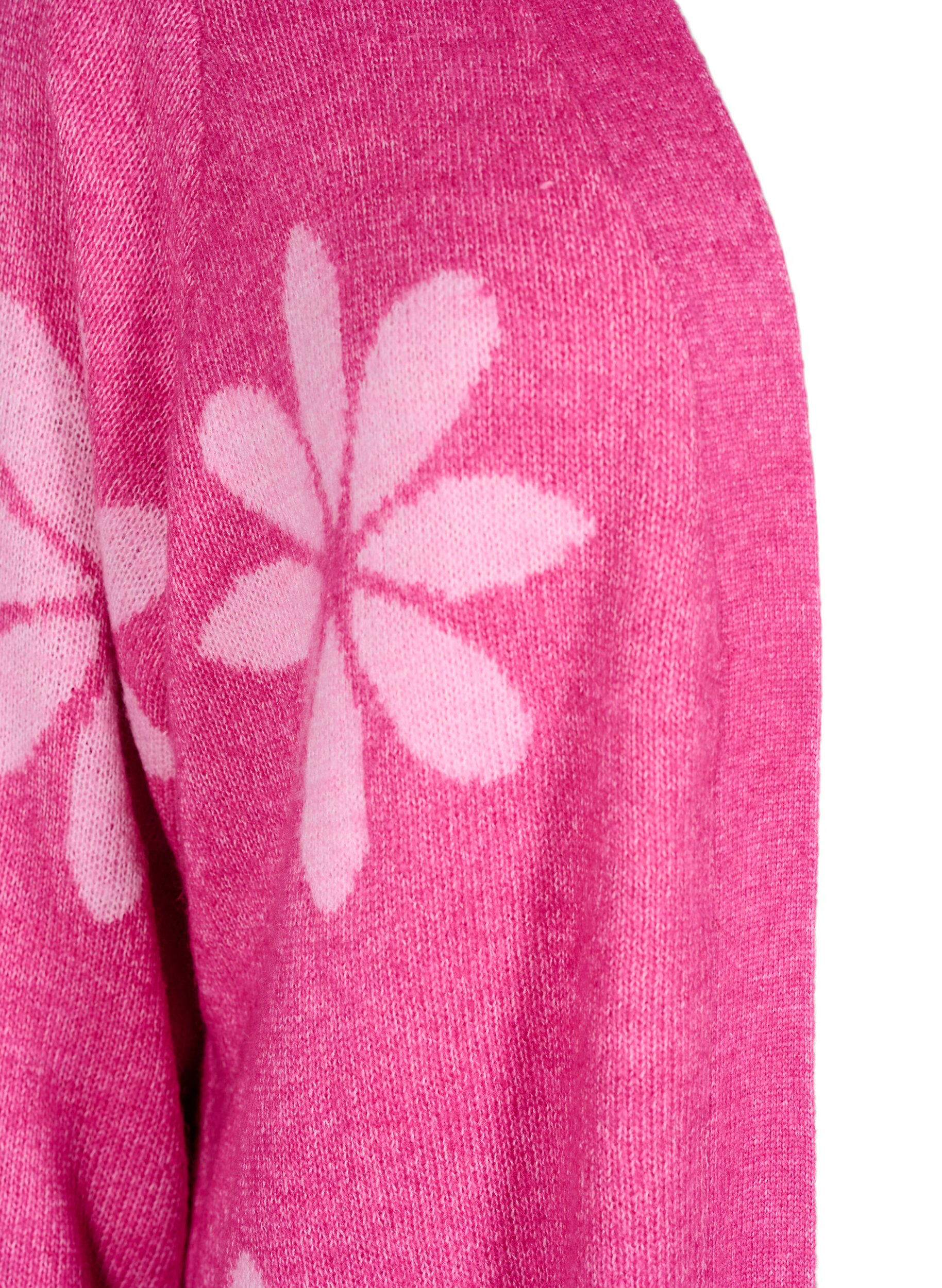 Zizzi Lange Strickjacke mit floralem Muster, Raspberry Rose Comb, Packshot image number 2