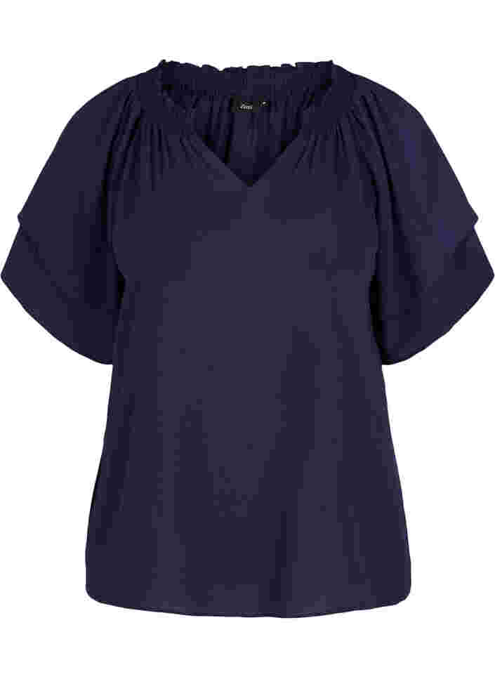 Kurzärmelige Bluse mit V-Ausschnitt, Navy Blazer, Packshot image number 0