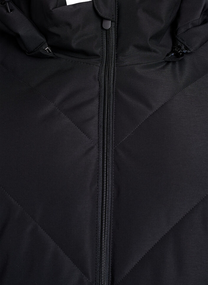 Langer Wintermantel mit Hakenverschlüssen und Kunstfellkragen, Schwarz, Packshot image number 2