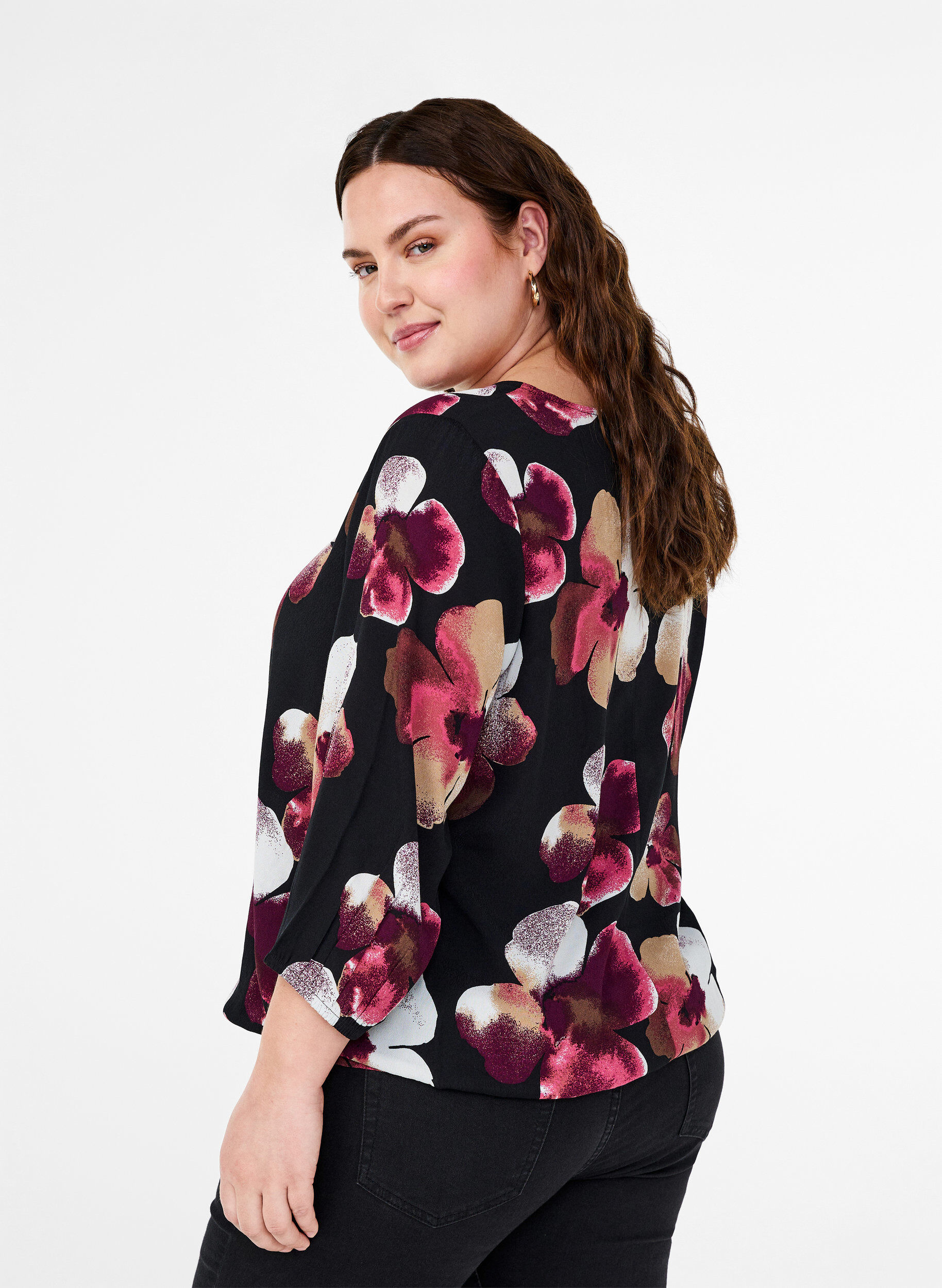Zizzi  Viskosebluse mit Print und Kittel, Schwarz, Model image number 2