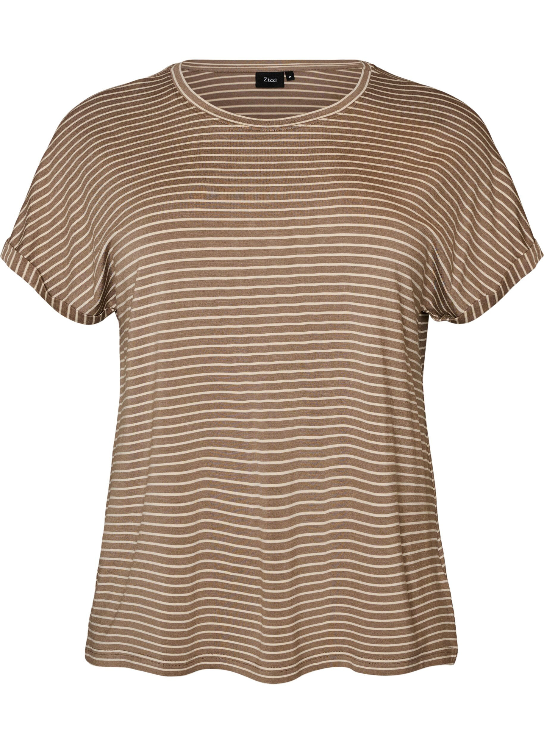 ZizziGestreiftes T-Shirt aus Viskose mit Rundhalsausschnitt, Beige, Packshot image number 0