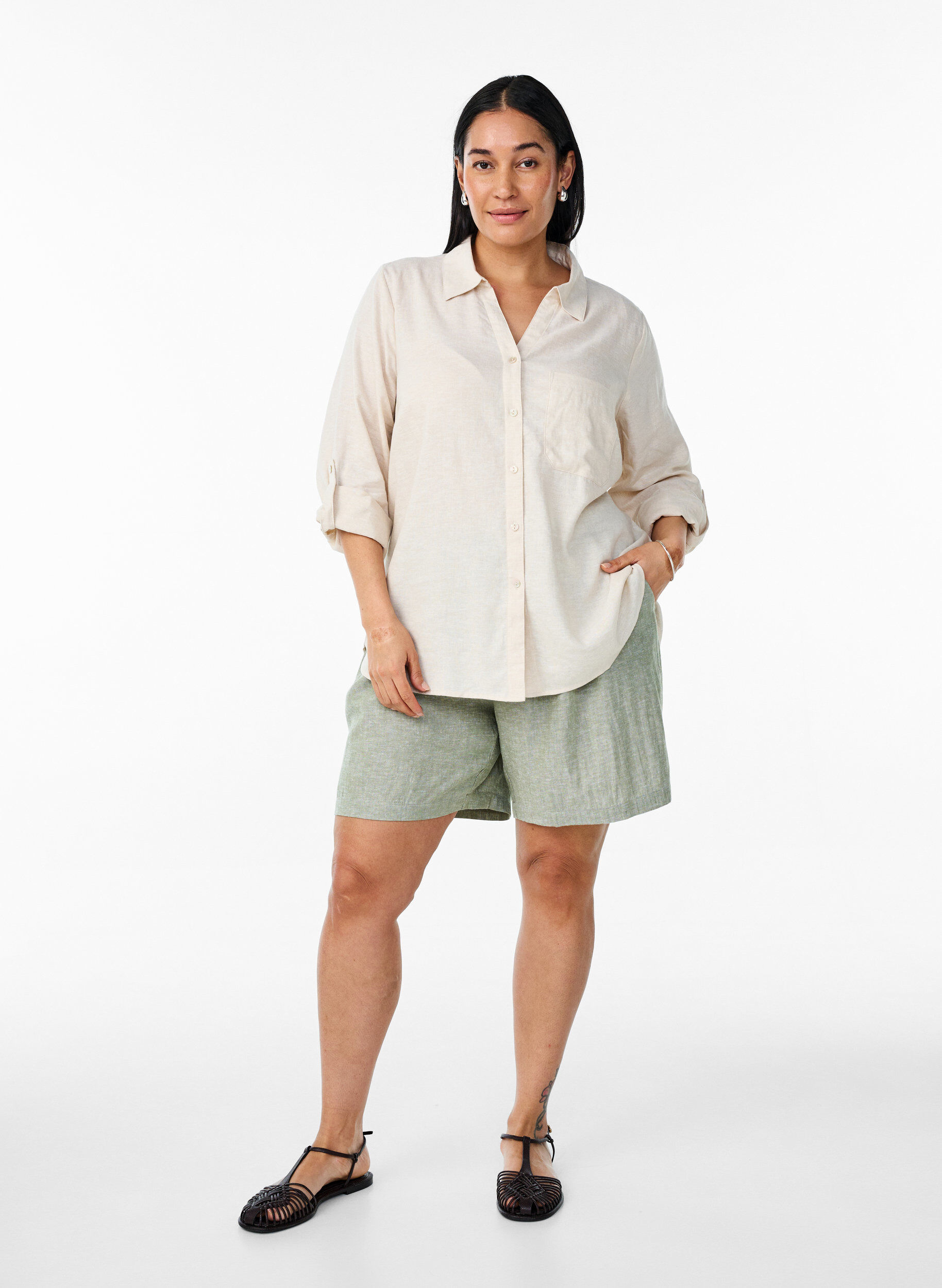ZizziBluse aus Leinen und Viskose mit 3/4-&Auml;rmeln, Beige, Model image number 1