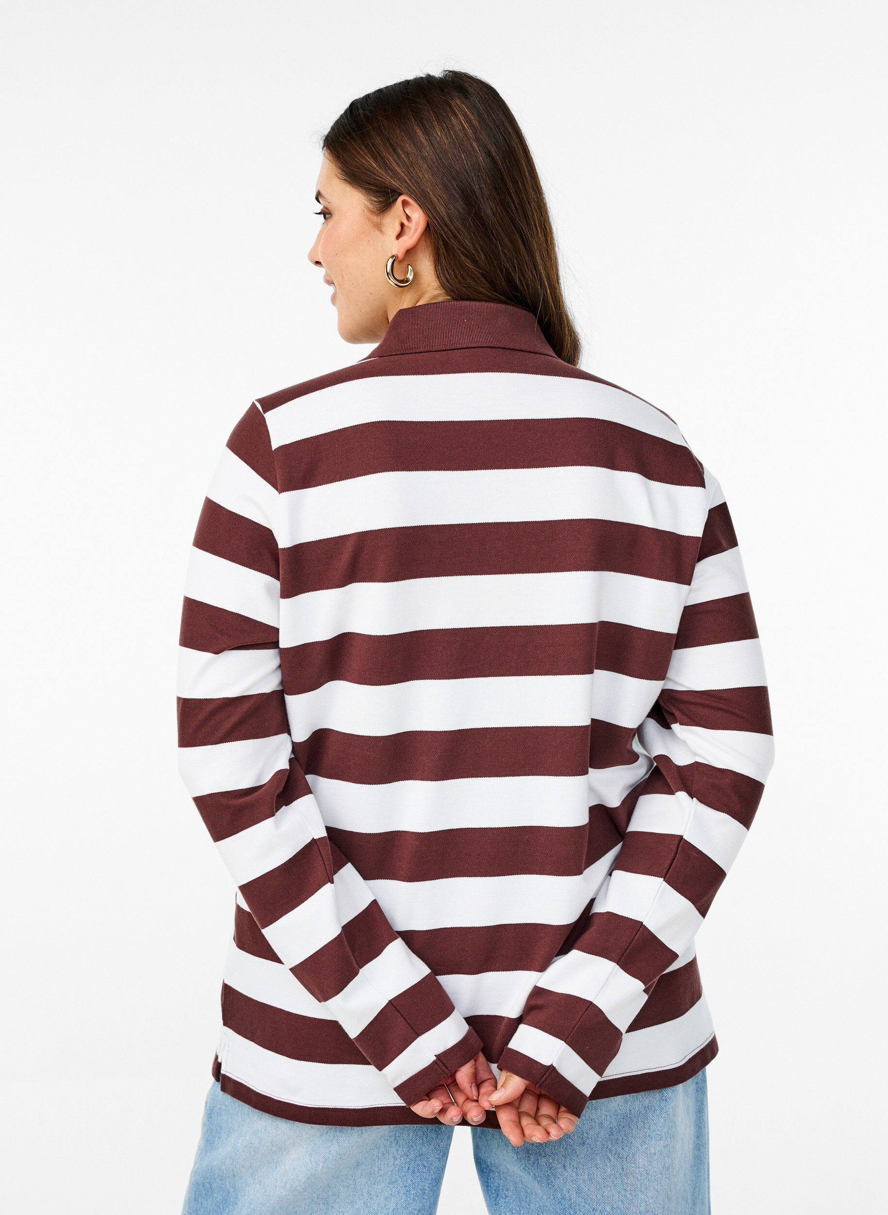 Zizzi Poloshirt mit langen &Auml;rmeln und Streifenmuster, Dunkles Bordeaux, Model image number 2