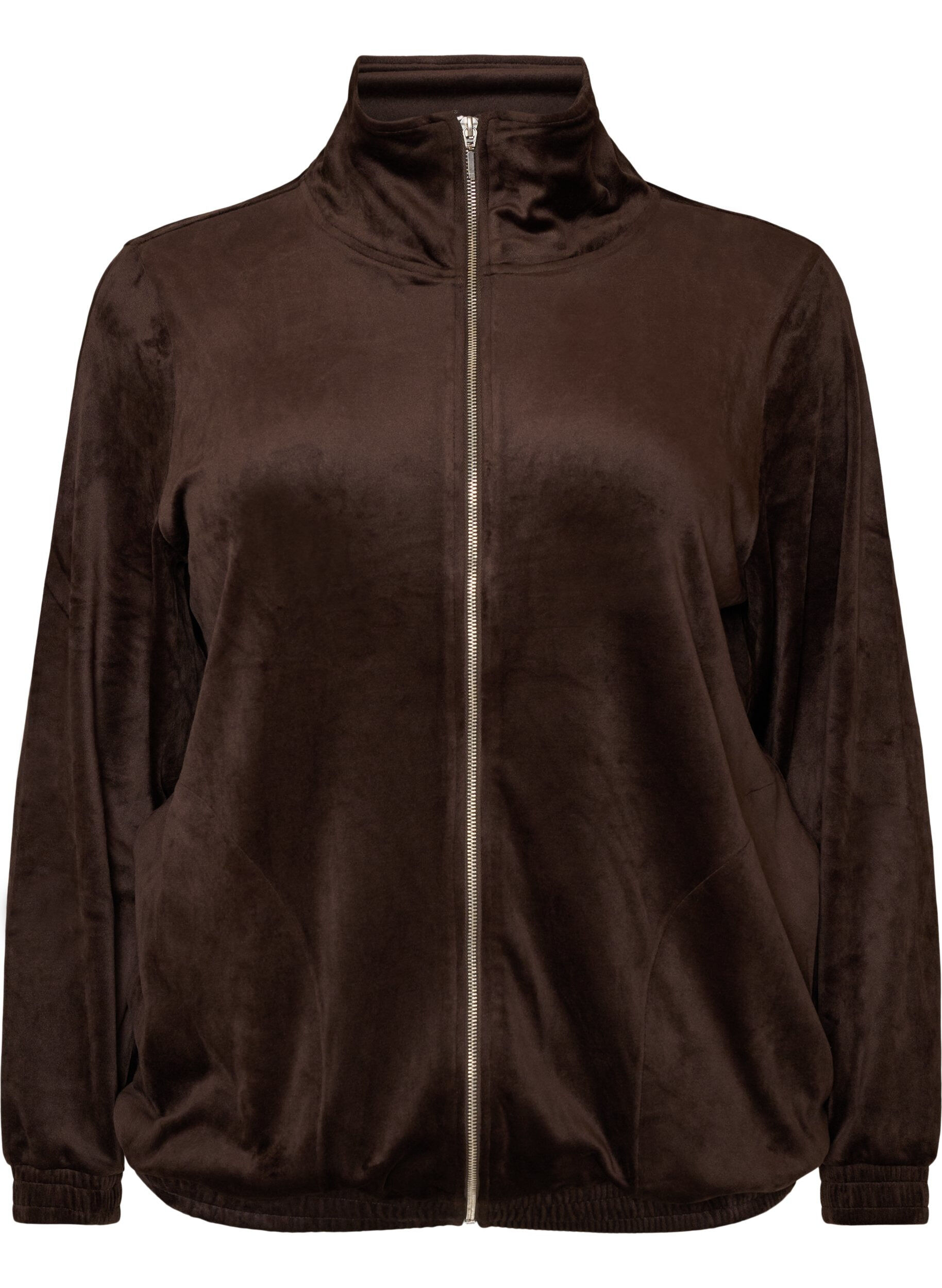 ZizziWeicher Cardigan aus Velours mit Rei&szlig;verschluss und hohem Kragen, Braun, Packshot image number 0