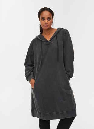 Lockeres Sweatkleid aus Baumwolle mit Kapuze und Taschen, DARK GREY WASHED, Model image number 0