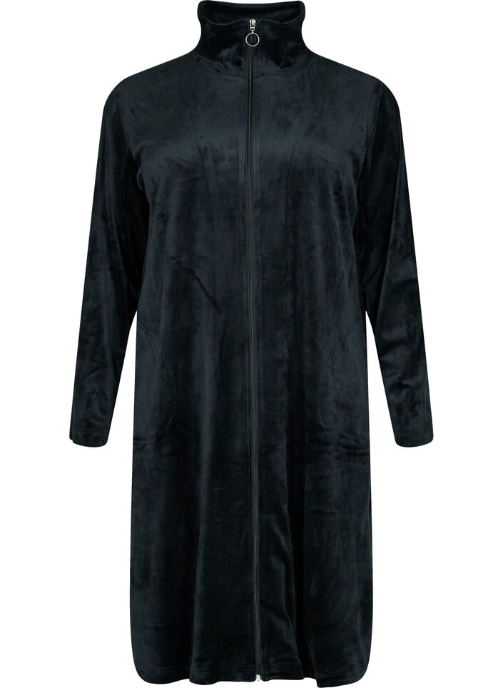 Velourskleid mit Reißverschluss und Taschen, Black, Packshot image number 0