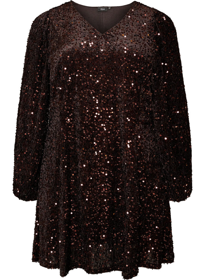 Kurzes Kleid mit Pailletten in A-Linie, Braun, Packshot image number 0