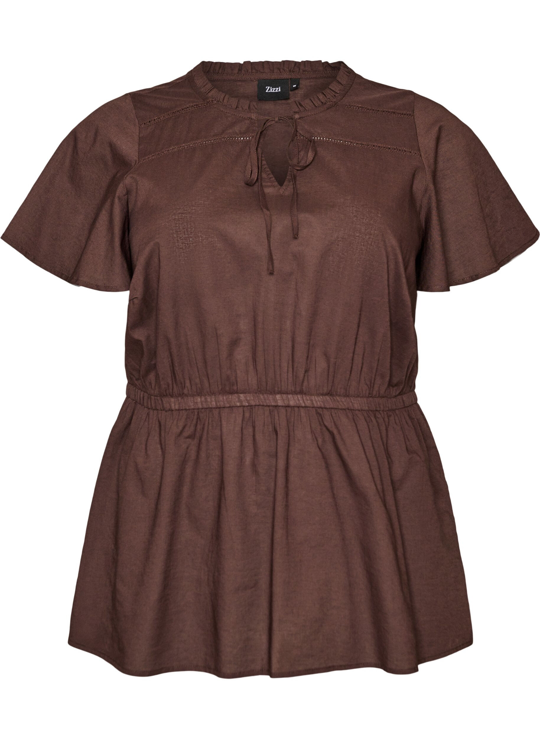 ZizziBaumwollbluse mit Bindeband und elastischer Taille, Braun, Packshot image number 0