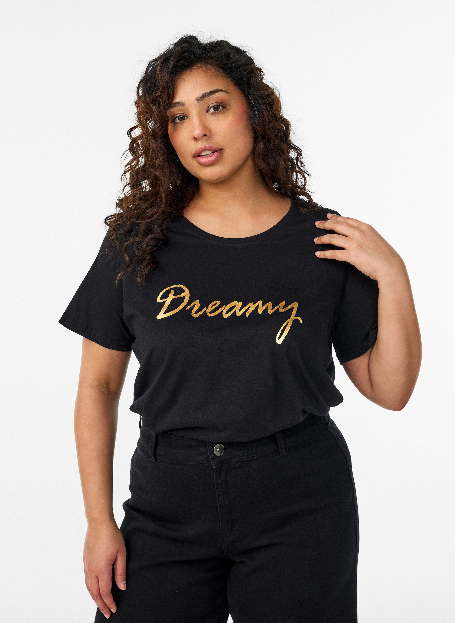 T-Shirt mit Print, Schwarz, Model