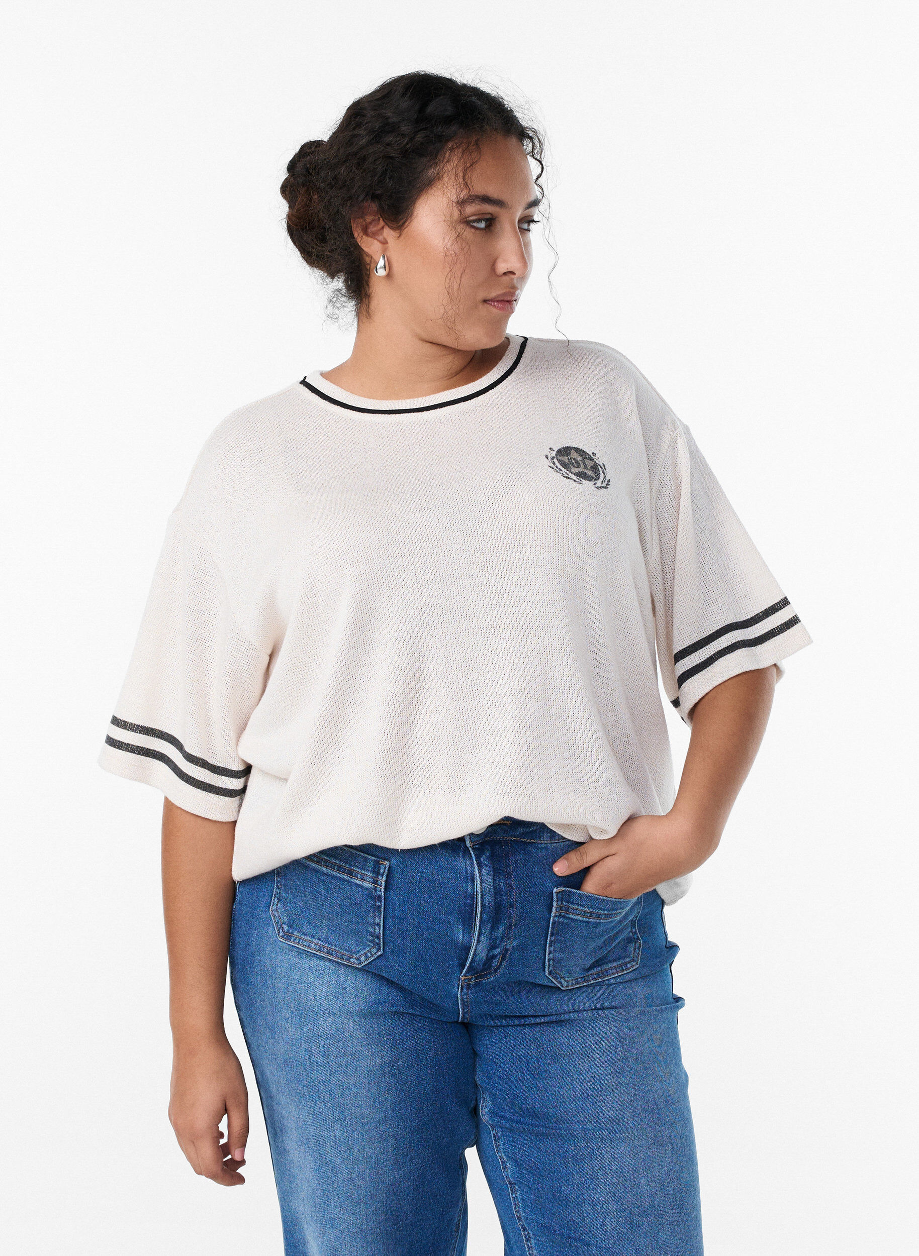 Kurz&auml;rmelige Bluse mit Kontraststreifen, Beige, Model