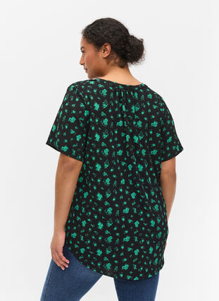 Bluse mit kurzen Ärmeln und V-Ausschnitt, Green Flower AOP, Model image number 1
