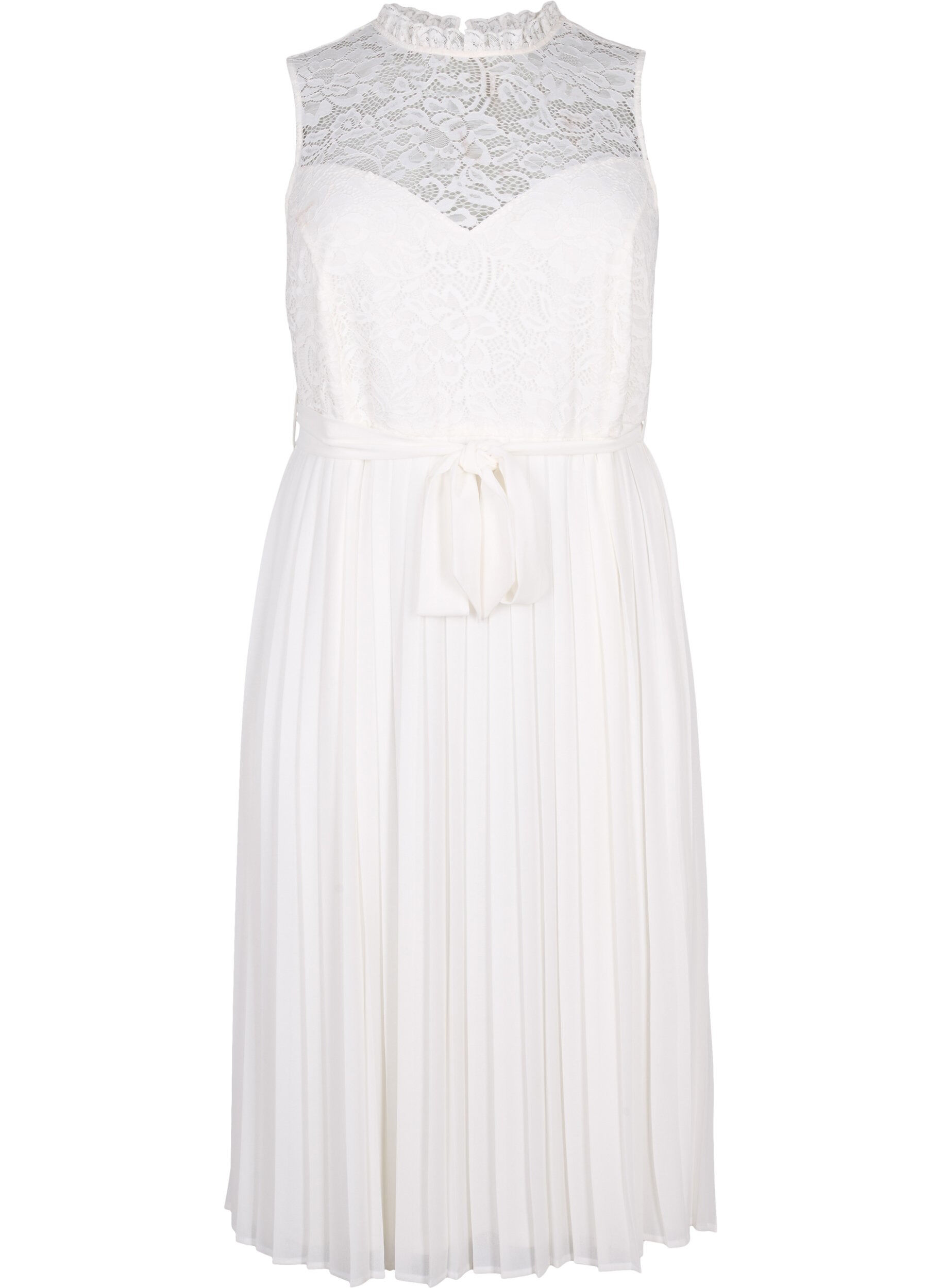 Zizzi &Auml;rmelloses Kleid mit Spitze und Falten, Bright White, Packshot image number 0