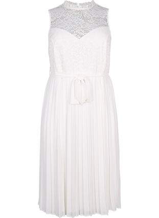 Ärmelloses Kleid mit Spitze und Falten, Bright White, Packshot image number 0