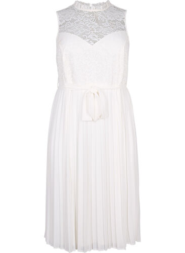 Ärmelloses Brautkleid mit Spitze und Plissé, Bright White, Packshot image number 0